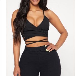 Black Ribbed Wrap Waist Detail Crop Top